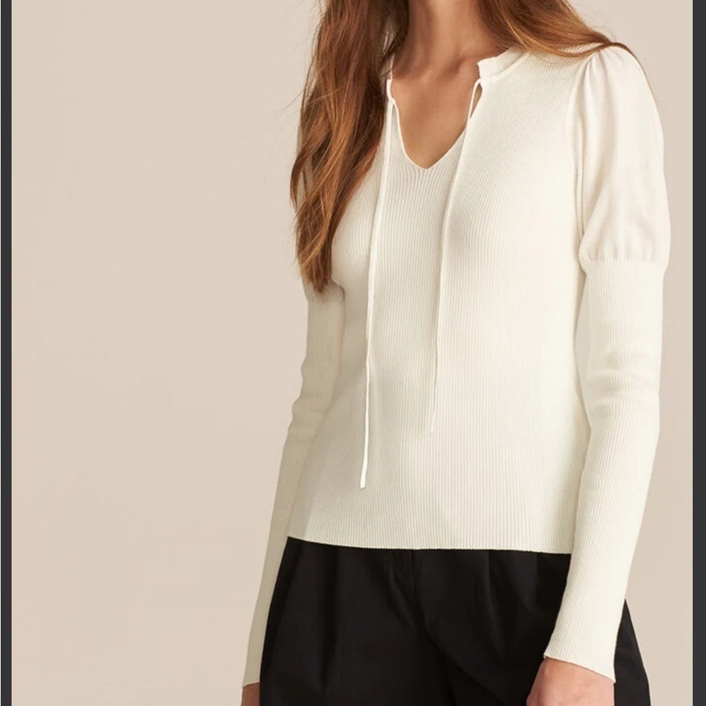 Rebecca Taylor Split Neck Ribbed Pullover w/ Tie White Size Medium